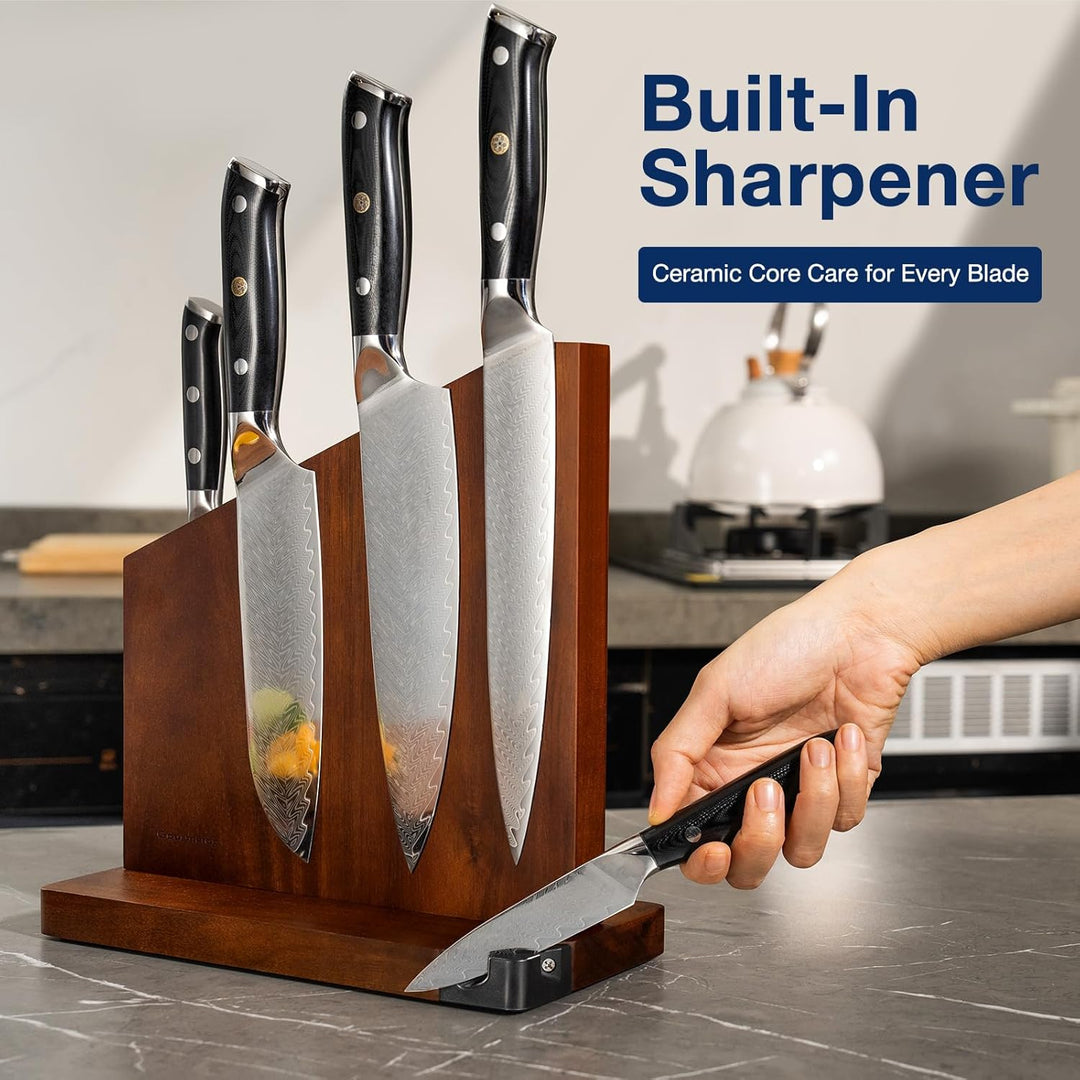 Gourmetop Messerblock Magnetisch mit Integriertem Schärfer, 100% Akazienholz Messerblock ohne Messer