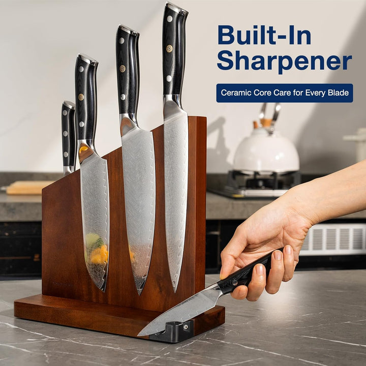 Gourmetop Messerblock Magnetisch mit Integriertem Schärfer, 100% Akazienholz Messerblock ohne Messer
