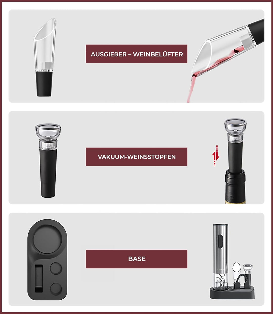 VINAK Wein-Set, batteriebetriebener elektrischer Korkenzieher aus Edelstahl + Vakuum-Weinverschluss