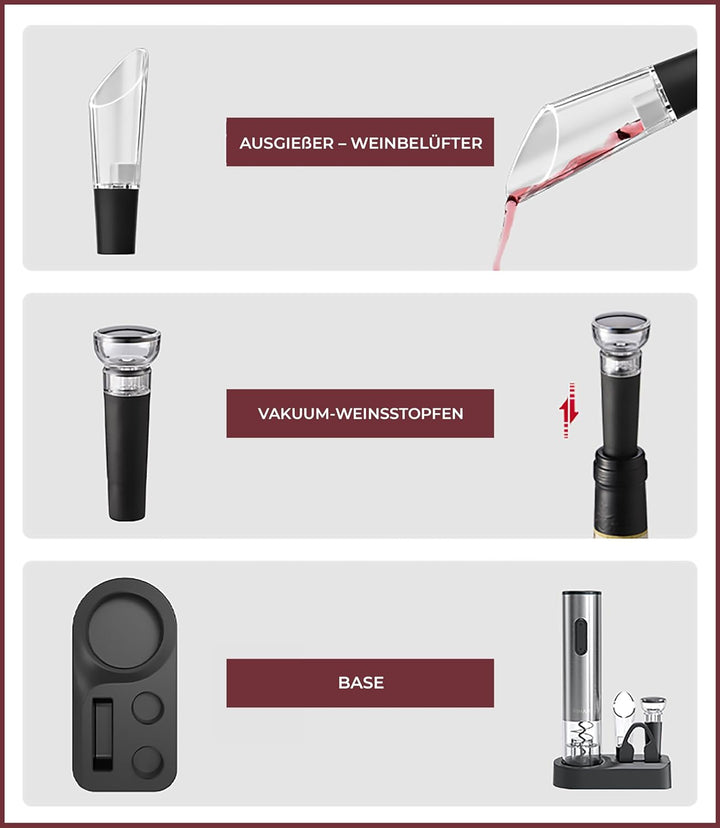 VINAK Wein-Set, batteriebetriebener elektrischer Korkenzieher aus Edelstahl + Vakuum-Weinverschluss
