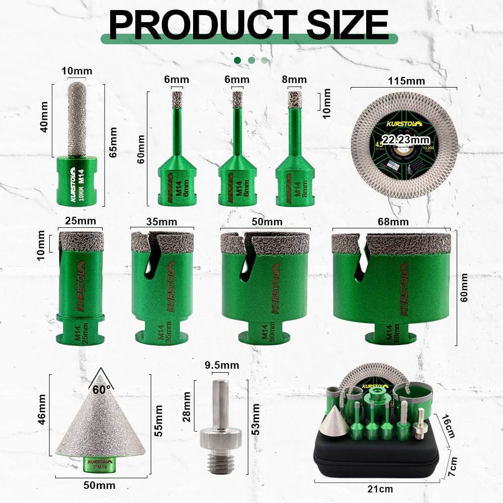 Diamant-Bohrkrone Kit - Fliesenbohrer 6/6/8/25/35/50/68mm+50mm Fasen Bit+10mm Fingerfräser+Diamanttr
