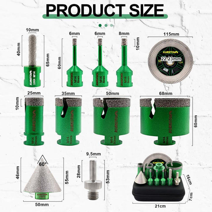 Diamant-Bohrkrone Kit - Fliesenbohrer 6/6/8/25/35/50/68mm+50mm Fasen Bit+10mm Fingerfräser+Diamanttr