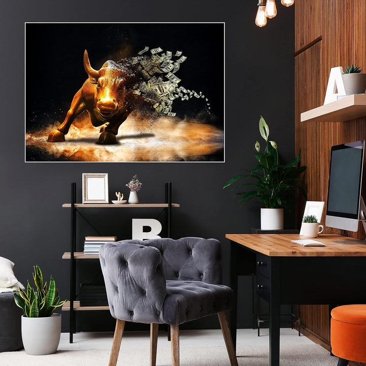 wandmotiv24 Poster als Wanddeko, Grösse 100x70cm, Goldener Stier, Dollar, Geldscheine, Geld, Tier, M