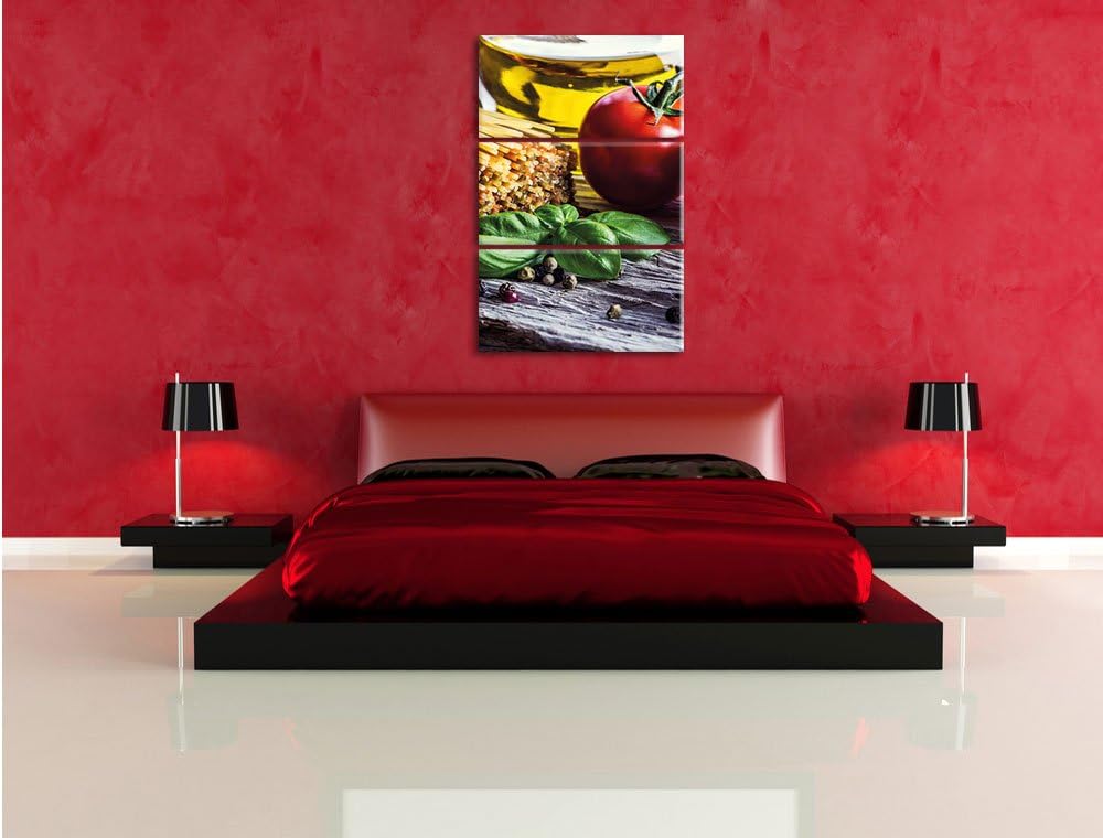 Pixxprint Spaghetti mit Tomaten und Parmesan/Format: 3-Teiler (120x80cm) cm/Leinwandbild fertig besp