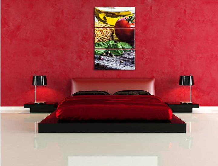 Pixxprint Spaghetti mit Tomaten und Parmesan/Format: 3-Teiler (120x80cm) cm/Leinwandbild fertig besp