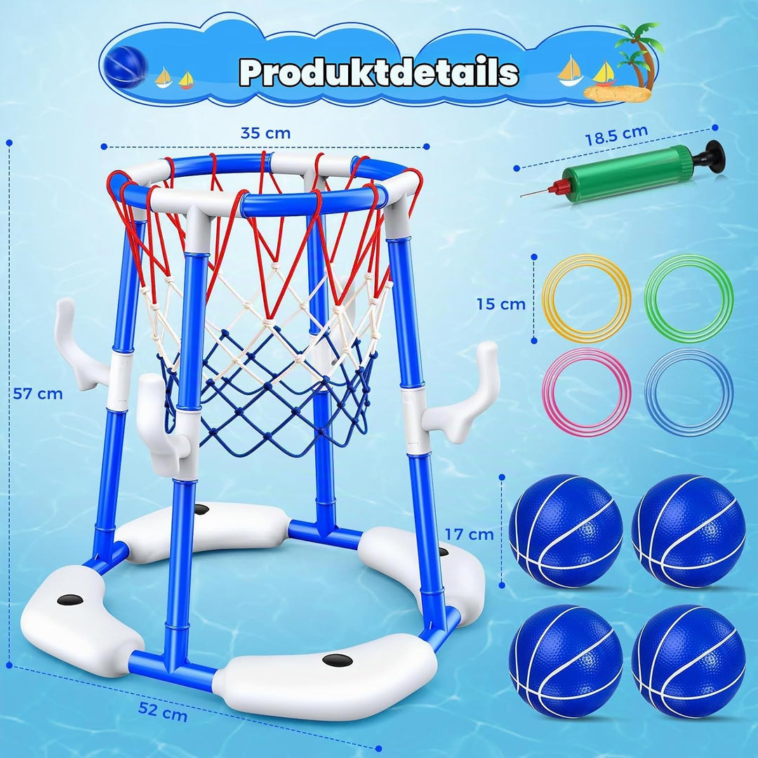 HaoVrisn Pool Basketballkorb Kinder Set, 2-in-1 Pool Spielzeug mit Ringwurf Spiel- 4 Bälle, 12 Ringe