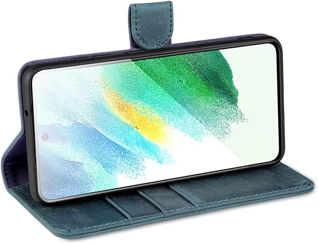 LENSUN Echtleder Hülle für Samsung Galaxy S21 FE 5G, Handyhülle Echt Leder [3 Kartenfächer][RFID Sch