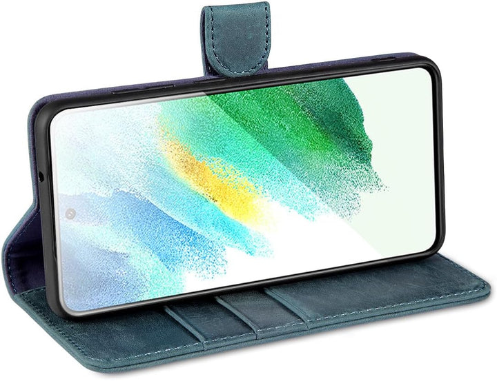 LENSUN Echtleder Hülle für Samsung Galaxy S21 FE 5G, Handyhülle Echt Leder [3 Kartenfächer][RFID Sch