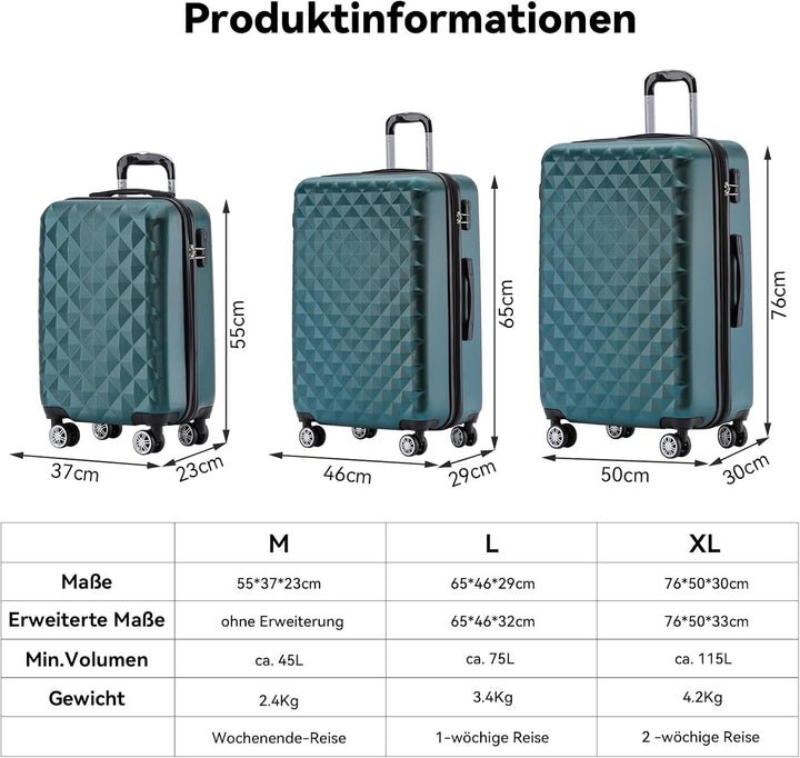 BEIBYE Zwillingsrollen 2066 Hartschale Trolley Koffer Reisekoffer Gepäck M-L-XL-Set (Dunkelgreen, L)