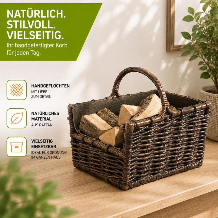 Kobolo Kaminholzkorb Holztrage Holzkorb für Kaminholz -Rattan- mit abnehmbaren dunklem Stoff