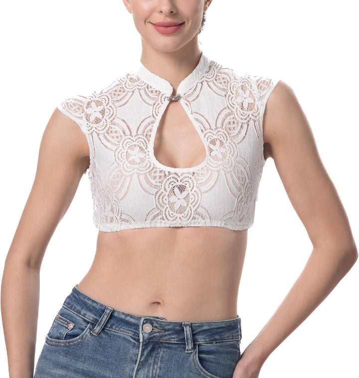 Dirndlparty Dirndlbluse Flügelärmel, Damen Mandarinkragen Dirndl Bluse Oktoberfest Trachtenbluse Cre
