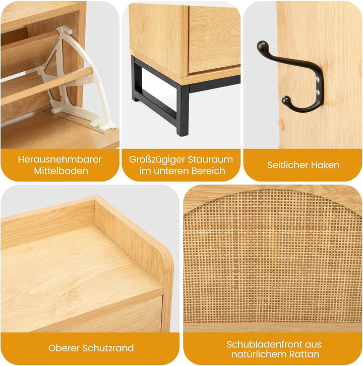 Trintion Rattan Schuhschrank Schmal mit 4 Klappen, Schuhkipper mit Verstellbaren Einlegeböden, Nur 2