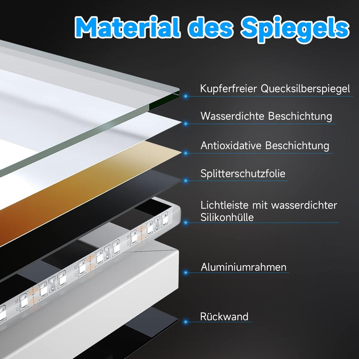 SONNI Badspiegel mit Beleuchtung 120x60cm, 3 einstellbare Lichtfarbe LED Wandspiegel Badezimmerspieg
