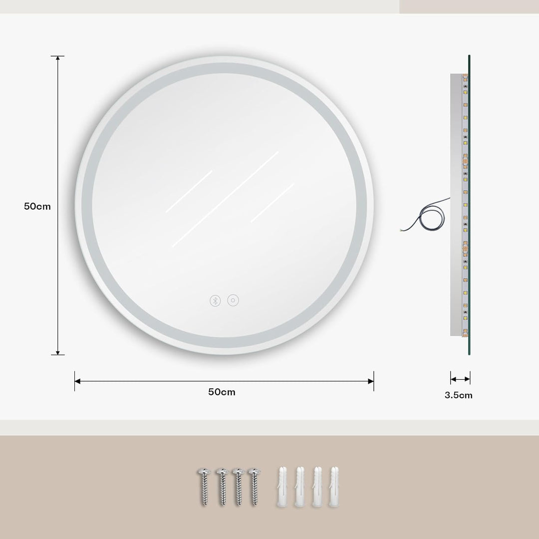 Dripex Badspiegel mit Beleuchtung Rund Led Spiegel mit Bluetooth-Lautsprecher und Touch-Schalter, Di
