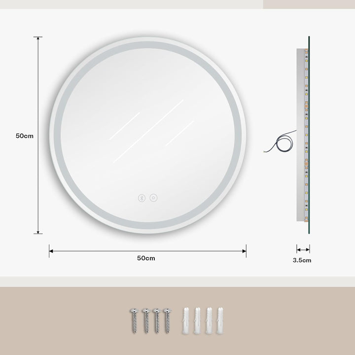 Dripex Badspiegel mit Beleuchtung Rund Led Spiegel mit Bluetooth-Lautsprecher und Touch-Schalter, Di