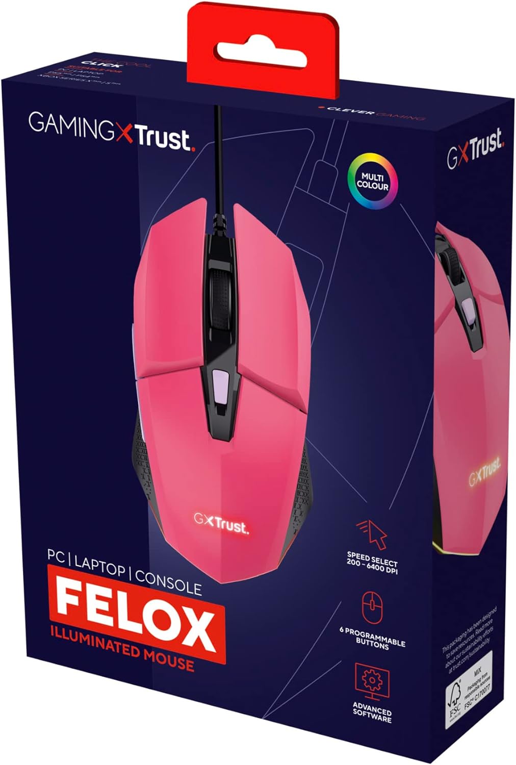 Trust Gaming GXT 109P Felox Gaming Maus mit 6 Programmierbare Tasten, Mehrfarbige LED-Beleuchtung, 2