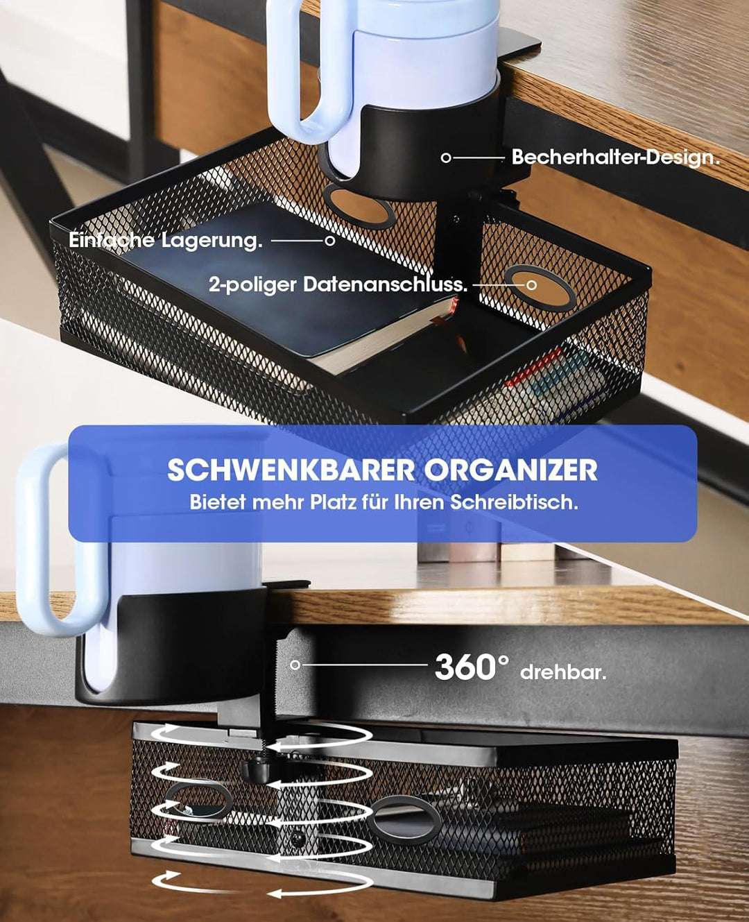 AceList Schublade unter Schreibtisch, 360° Drehbar Verdeckte 2 in 1 Schreibtisch Schubladen Organize