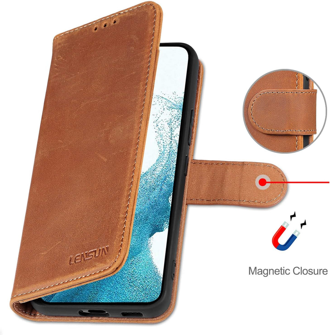 LENSUN Echtleder Hülle für Samsung Galaxy S22, Handyhülle Echt Leder [Magnetverschluss] [RFID Schutz