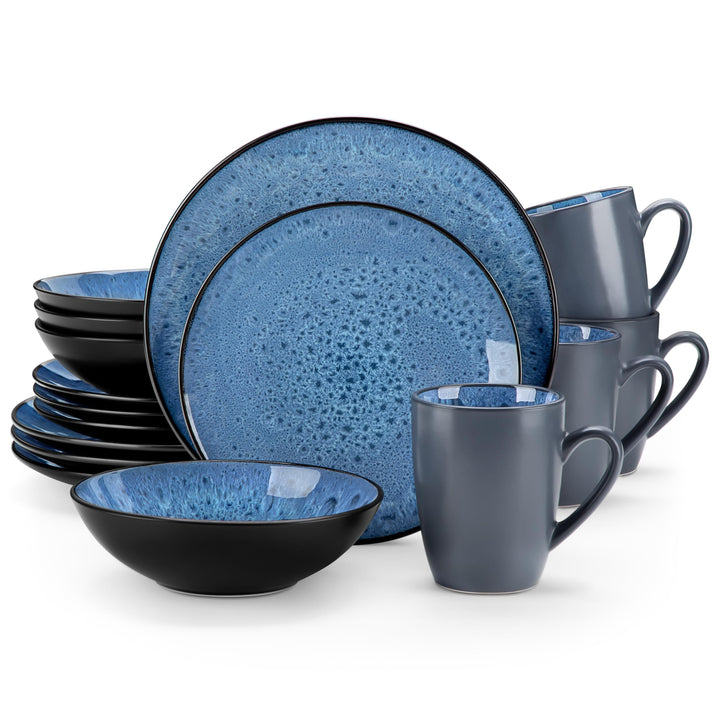 Geschirrset Steinzeug, vancasso BUBBLE 16-tlg Geschirr Set blau, Reaktive Glasur Tafelservice mit Te