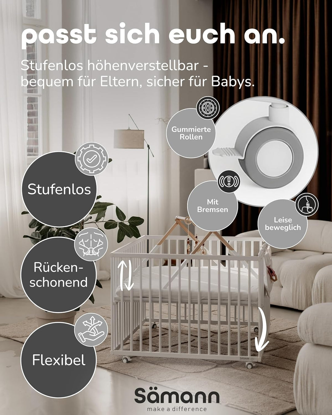 Sämann Laufstall Baby mit Matratze Cloud Air und Schlupfsprossen | TÜV geprüft | stufenlos höhenvers
