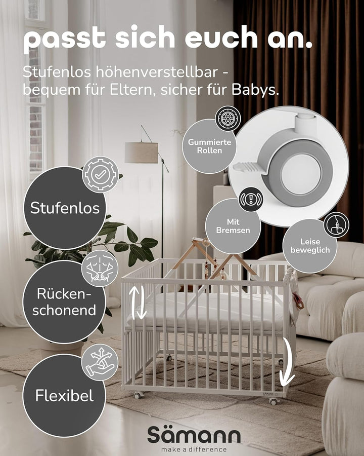 Sämann Laufstall Baby mit Matratze Cloud Air und Schlupfsprossen | TÜV geprüft | stufenlos höhenvers