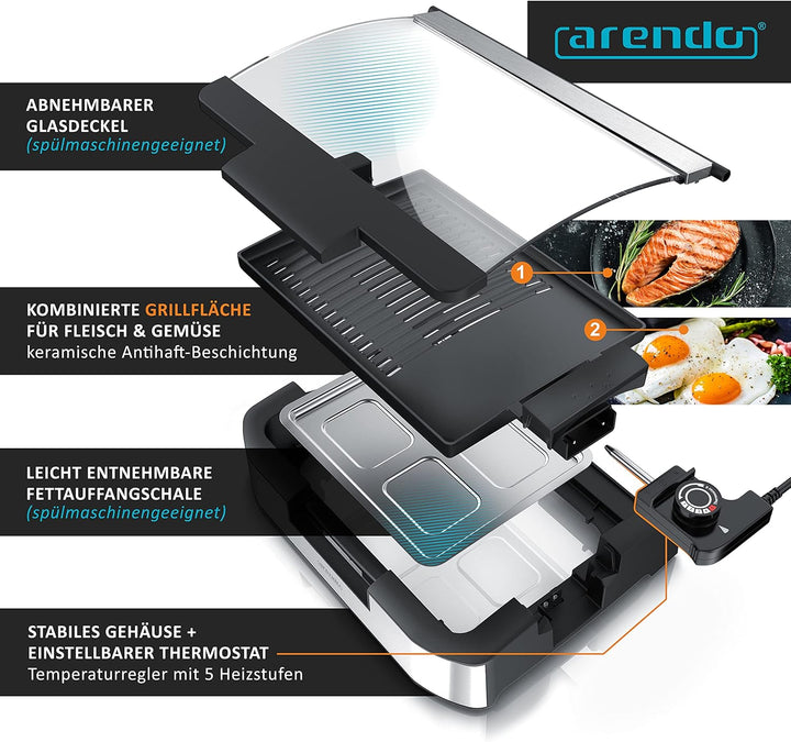 Arendo - Gourmet Tischgrill Elektrogrill Edelstahl - 1800 W - mit Glasabdeckung - für Balkon Garten