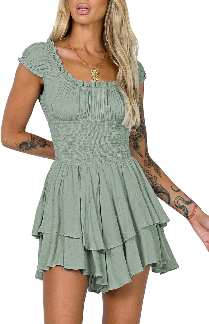 Viottiset Damen Rüschen Shorts Strampler Schulterfrei Swiss Dot Sommer Overalls S Grün, S Grün