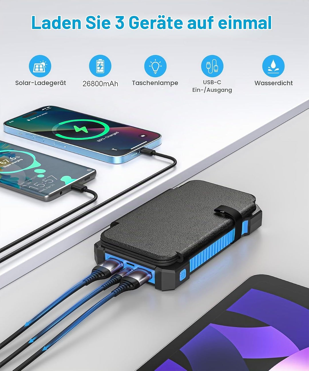 Solar Powerbank 26800 mAh, Powerbank USB-C 18W Schnellladung für iPhone Samsung und mehr, IPX7 wasse