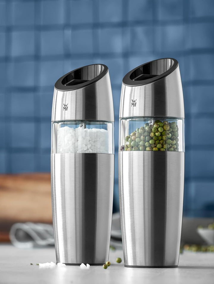 WMF Elektrische Kippmühle Set 2-teilig, 20 cm, Salz und Pfeffermühle elektrisch, unbefüllt Cromargan