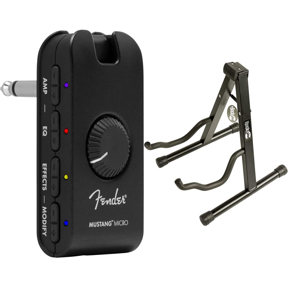 Fender Mustang Mikro-Verstärker, Schwarz, 2311300000 & Rockjam Universal Tragbarer A-Frame-Gitarrens