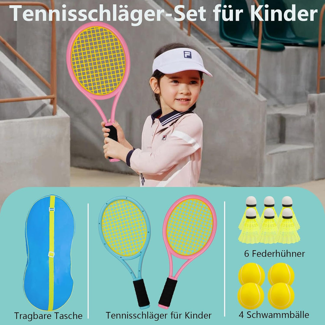 Kinder tennisschläger Set 17 Zoll,Mit 4 weichen Trainingsbällen & 6 Badminton-Federbällen – Geeignet