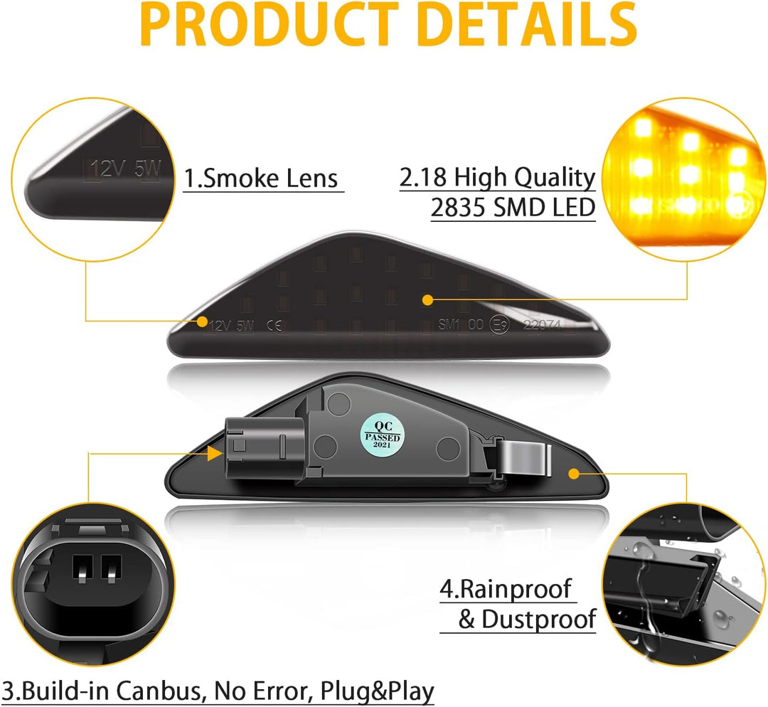 Asasytal Blinker Seitenblinkleuchten Set, Kotflügel-Blinker Gelb Super Heller Schwarze Rauchlinse, E