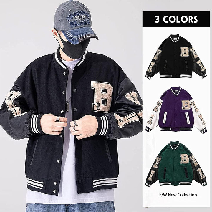 College Jacke Herren Oldschool Sportjacke Varsity Jacket Patchwork Collegiate Baseballjacke Stehkrag