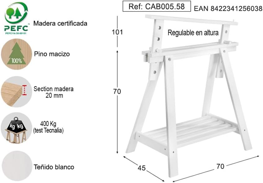 Astigarraga CAB005.58 Stützbock für Schreibtisch, weisser Steg – Steg (Weiss, Holz, 700 mm, 400 mm,