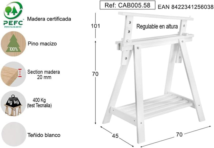 Astigarraga CAB005.58 Stützbock für Schreibtisch, weisser Steg – Steg (Weiss, Holz, 700 mm, 400 mm,