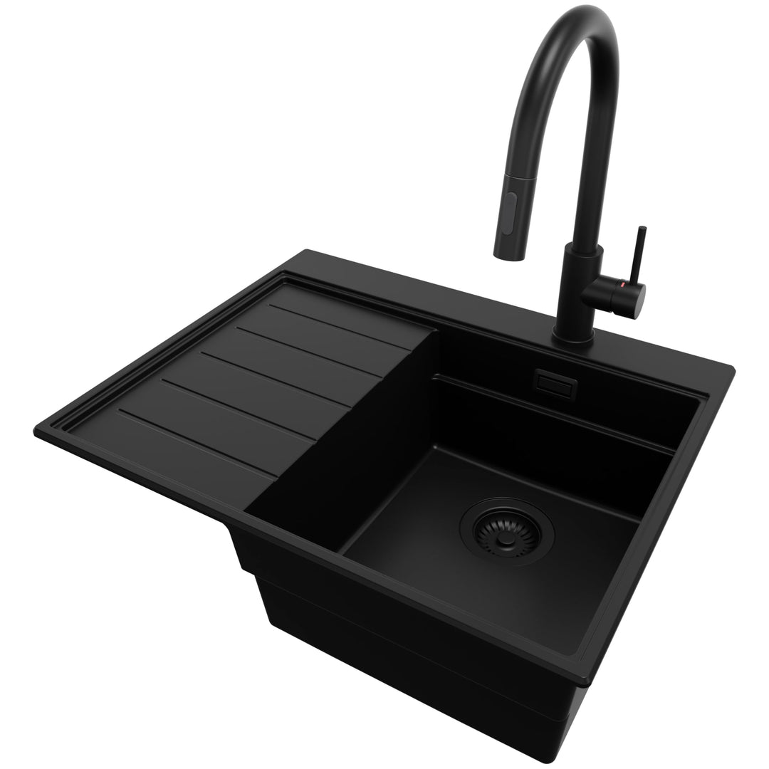 PRIMAGRAN Granitspüle Alles Schwarz 62x50cm, Spülbecken 1 Becken + Küchenarmatur 40x20cm + Ablauf-Se