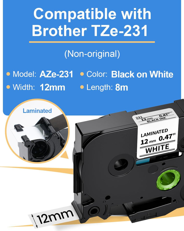 Oozmas TZ Tape 12mm 0.47 White kompatible mit Brother Ptouch Schriftband TZe-231 AZe-231, Laminated