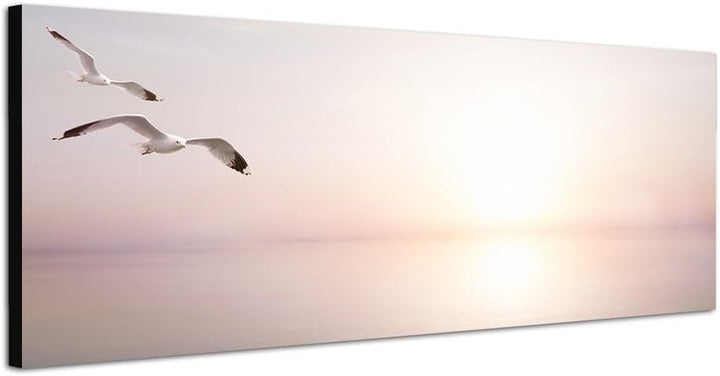 Paul Sinus Art Panoramabild auf Leinwand und Keilrahmen 150x50cm Meer Sonnenlicht Möwen abstrakt