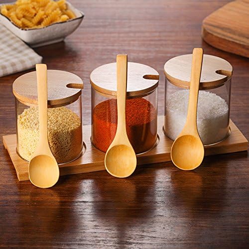 Gewürzbehälter 3er Set,300ml Gewürzgläser mit Löffel, Bambusdeckel und Base,Gewürzständer Glasgewürz
