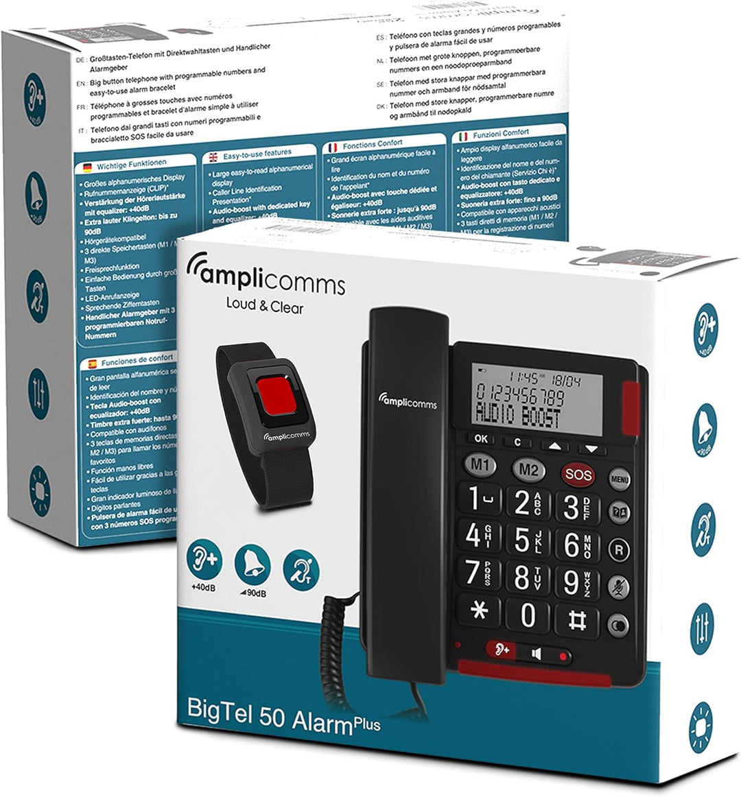 Amplicomms BigTel 50 Alarm Plus, schnurgebundenes Grosstasten-Telefon, mit SOS Taste und Notfallarmb