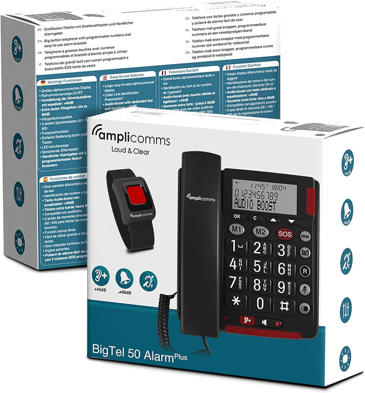 Amplicomms BigTel 50 Alarm Plus, schnurgebundenes Grosstasten-Telefon, mit SOS Taste und Notfallarmb