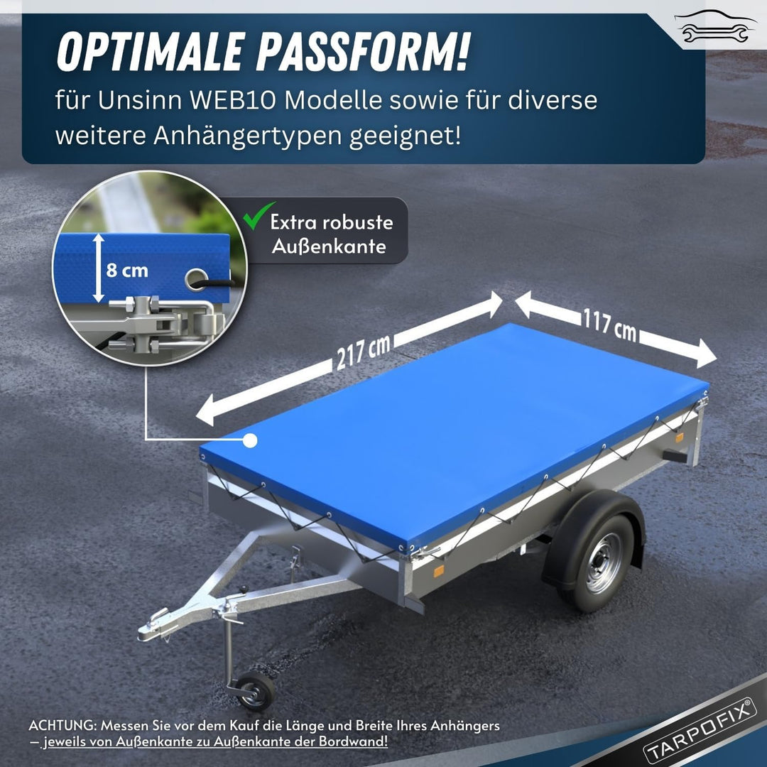 Tarpofix® Anhängerplane Flachplane 217x117 cm inkl. Planenseil + 2x Flachplanenbügel (verstellbar 10