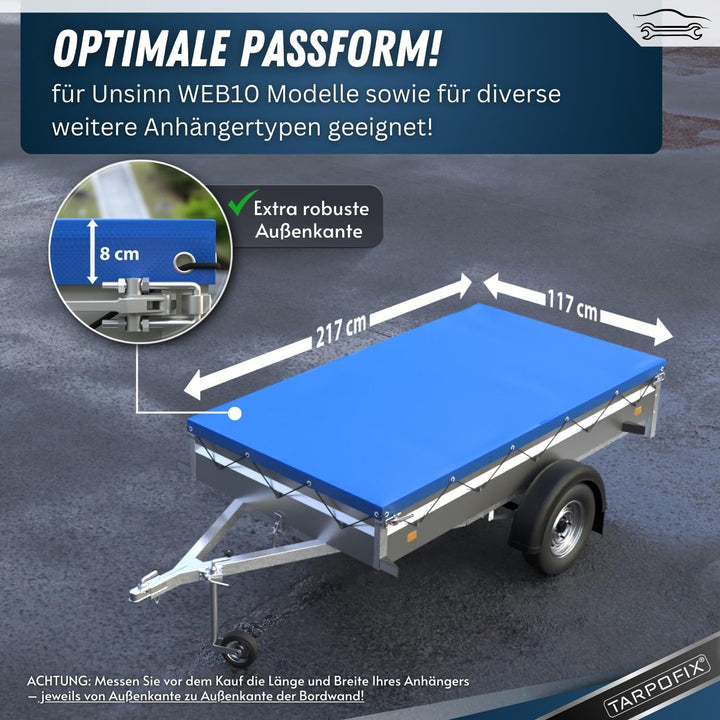 Tarpofix® Anhängerplane Flachplane 217x117 cm inkl. Planenseil + 2x Flachplanenbügel (verstellbar 10