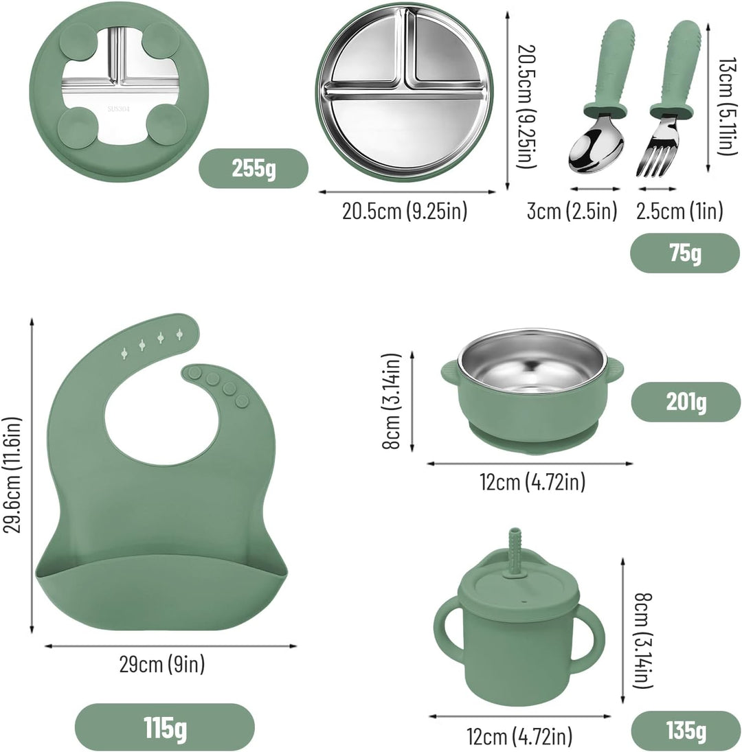 6er Set Edelstahl Baby Geschirrset mit Silikonhülle,BPA-freies Armeegrün, Armeegrün