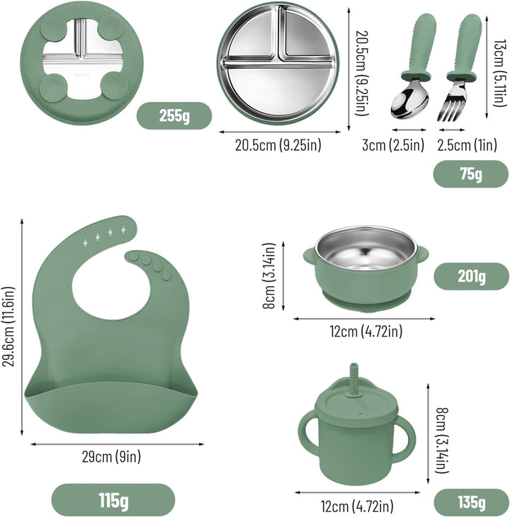 6er Set Edelstahl Baby Geschirrset mit Silikonhülle,BPA-freies Armeegrün, Armeegrün