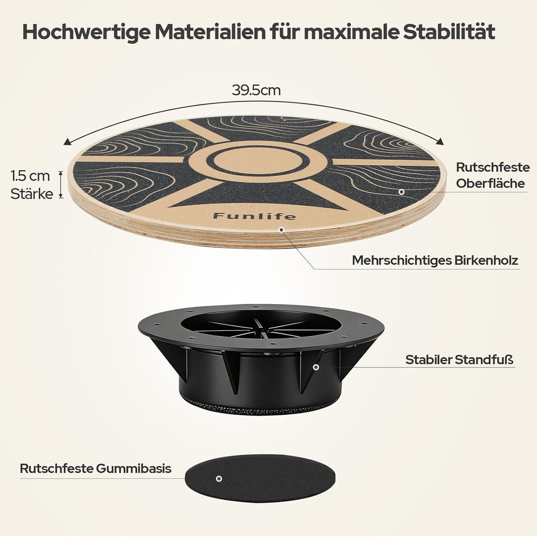 FunLife Balance Board aus Holz – Stabiler Gleichgewichtstrainer für Core Training, Fitness & Balance