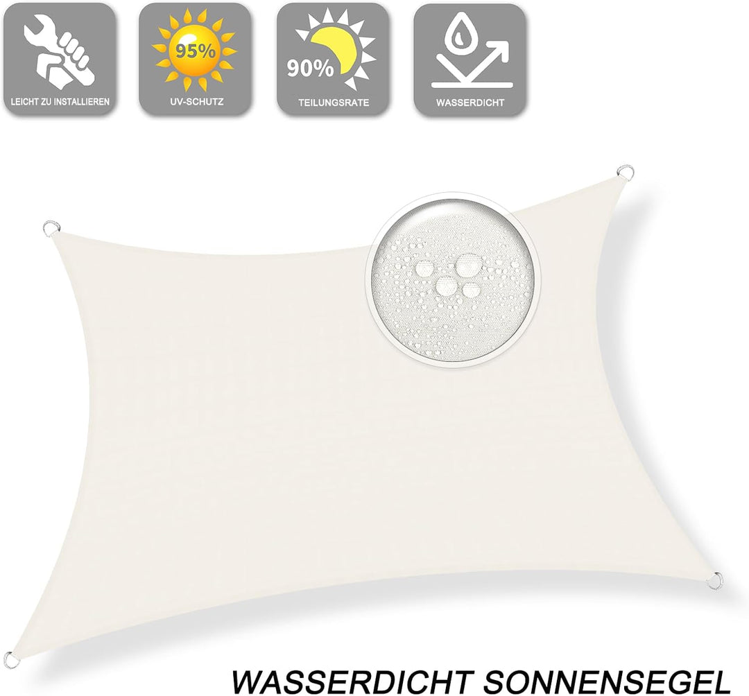 Sunnylaxx 2x4m Sonnensegel Rechteckig, Wasserdicht Sonnenschutz Sunsegel Color Creme, 95% UV-Schutz,