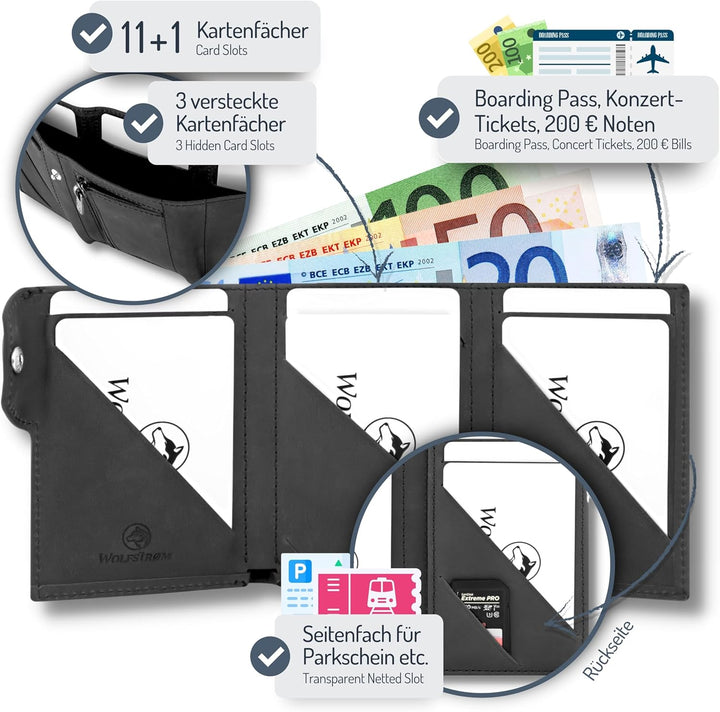 Wolfstrøm Slim Wallet 'Svente' I 11 Karten Mini Geldbörse Herren klein mit Münzfach, RFID Blocker I