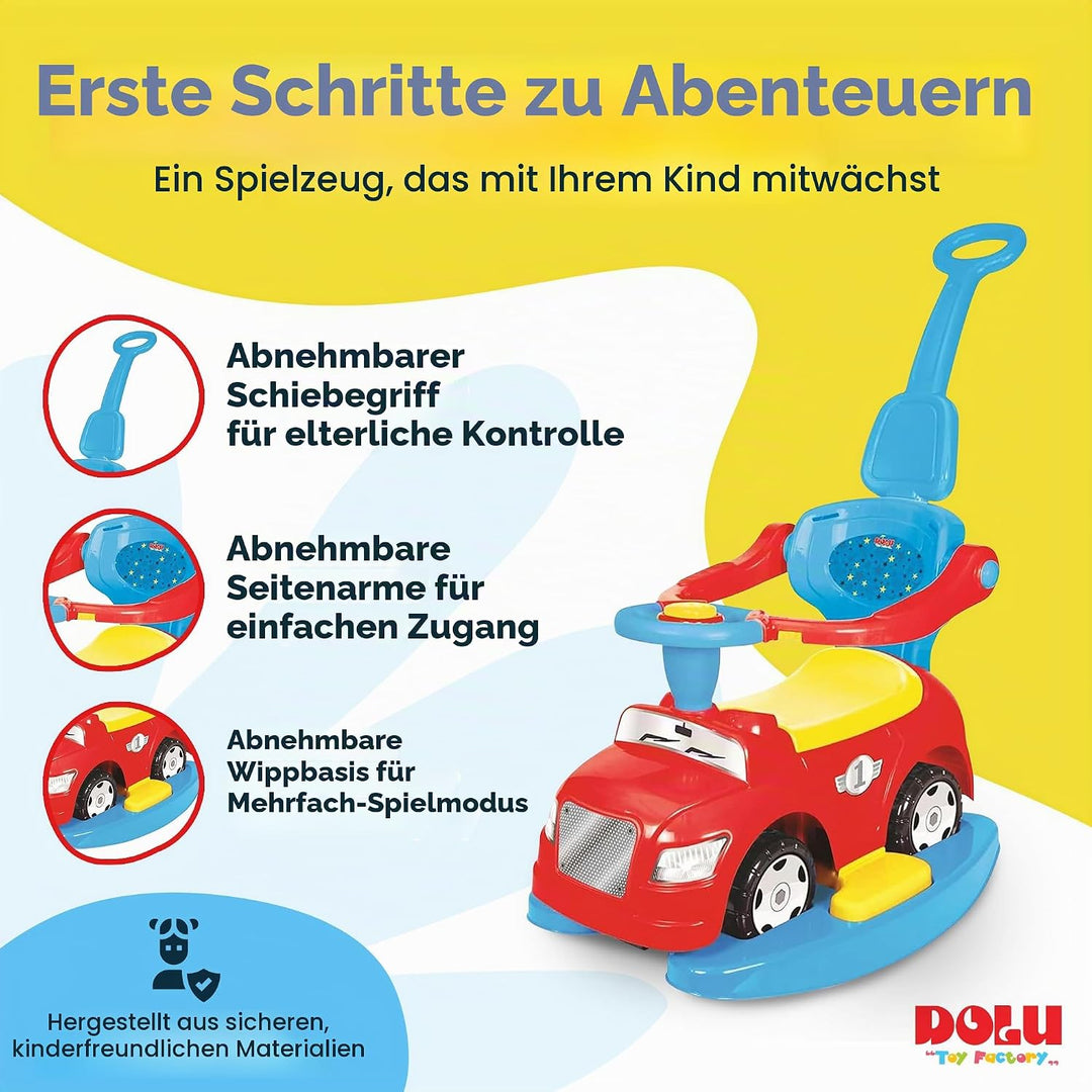 Dolu 4-in-1-Aufsitzfahrzeug für Kinder, Kinder-Trittauto, Lauf- und Fahrfahrzeug für Kinder mit Hupe