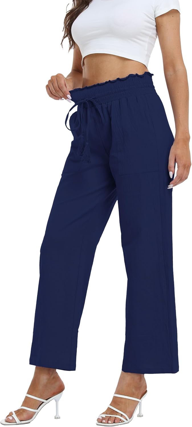 Famulily Leinenhose Damen Sommer Weites Bein High Waist Palazzo Freizeithose Stoffhose Yogahose Mit
